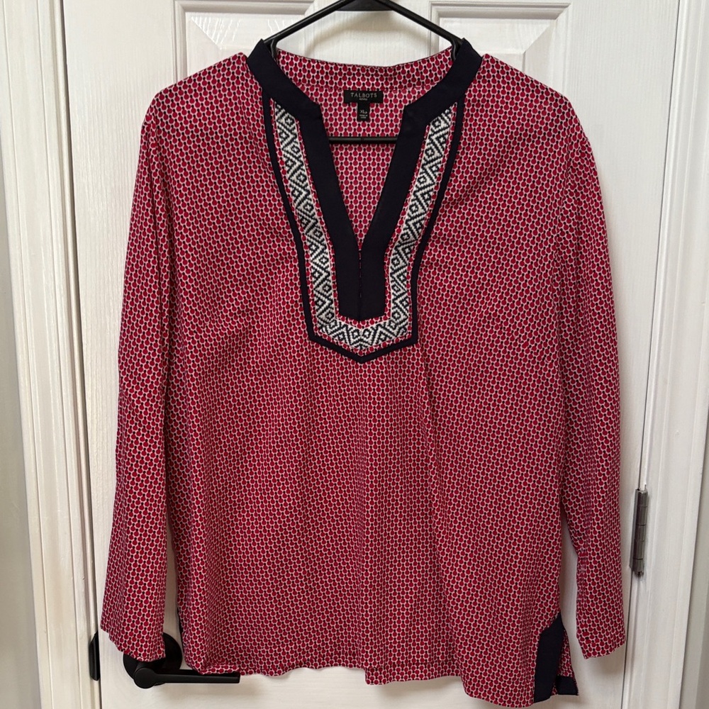 Talbots Red and Black Geometric Blouse XLp 100% cotton